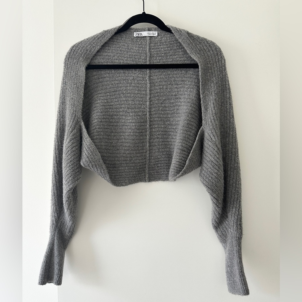 ZARA Heather Gray Ribbed Knit Long Sleeve Bolero Shrug M